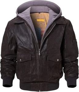 Chaqueta Bomber de Cuero Genuino Marrón para Hombre, Cuello Camisero, Cierre de Cremallera, Estilo Vintage con Bolsillos, para Otoño - Product Image 3