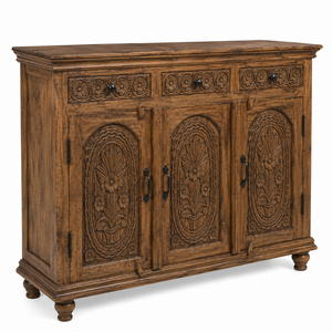 Custom Handcrafted Eco-Friendly Traditional Warm Brown Solid Mango Wood Floral Carved <b>Sideboard</b> Cabinet 3 Drawers 3 Doors Luxury - Product Image 4