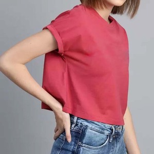Women's Wholesale <b>Red</b> <b>Crop</b> <b>Top</b> 100% Cotton O-Neck Short Sleeve Casual Jersey T-Shirt Breathable Spring Summer Fit - Product Image 1