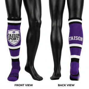 Premium 320 GSM Polyester Nylon Blend Ice Hockey <b>Socks</b> Purple White Striped Rib Knit Jacquard Logo Custom - Product Image 1
