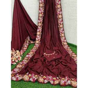 ผ้าส่าหรีงานปักลายลูกไม้หลายชิ้นทำจากผ้าไหม Vichitra ทันสมัย - Product Image 1
