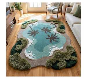 Tapis touffeté en relief topographique motif mousse pour salon, tapis moderne 3D abstrait gazon et eau, tapis de sol paysager touffeté - Product Image 1