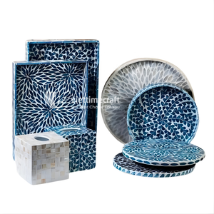 ชุดชามมะพร้าวลายโมเสกสีฟ้าทะเล ประดับมุกเปลือกหอย ตกแต่งบ้านหรูหรา ลายใบไม้สีน้ำเงิน สำหรับตกแต่งภายในสไตล์โมเดิร์นชายทะเล - Product Image 2