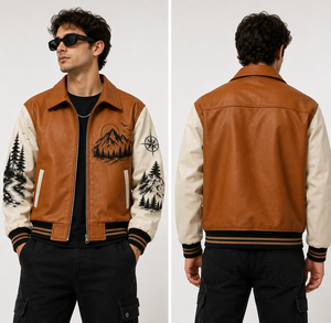 Custom for Brown Plaid Mountain Graphic Reversible Varsity Bomber Jacket Faux Leather Casual Streetwear Style <b>Covered</b> <b>Button</b> - Product Image 3