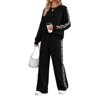 Ensemble de survêtement pour femmes à imprimé léopard, 2 pièces, pantalon large noir, tenue décontractée, tricot en coton et élasthanne, col rond, manches longues