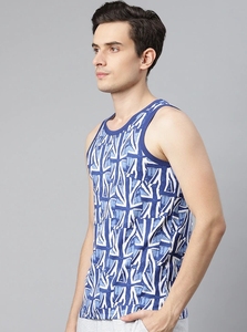 Camiseta sin mangas con estampado geométrico para hombre, cuello redondo, informal, transpirable, de poliéster tejido, con patrón azul y blanco - Product Image 1