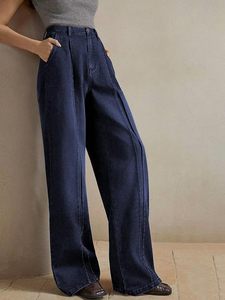Jeans de Mezclilla de Pierna Ancha para Mujer, Corte Regular Relajado, 100% Algodón, Pantalones Casuales de Longitud Completa, Azul Oscuro, con Cinturón de Botones, Estilo Verano-Otoño - Product Image 1