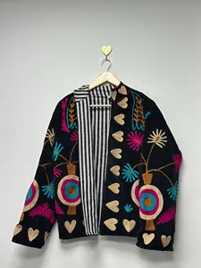 Handmade Black <b>Velvet</b> Floral Suzani <b>Jacket</b> with Heart Embroidery Artisan Boho Festival Wear for Women - Product Image 4