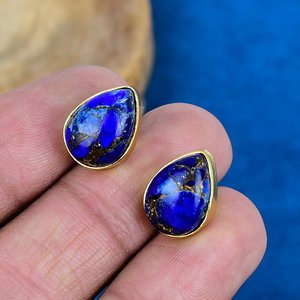 Handmade Lapis Lazuli Pear Shape Gemstone <b>Stud</b> Earrings 18k Gold Micron Over 925 <b>Sterling</b> <b>Silver</b> - Product Image 3