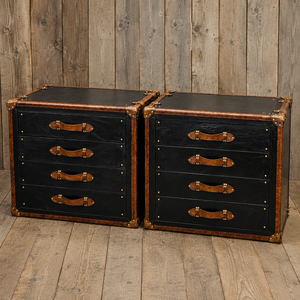 Vintage Black Leather Trunk <b>Drawer</b> Cabinet Antique <b>Storage</b> Chest Brass Hardware Wooden Sideboard Furniture Home Decor - Product Image 1