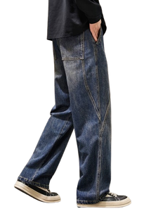 AAFII IMPEX <b>Mens</b> Loose Fit Wide Leg Washed Blue Jeans Casual Tinted Curved Seam Line Denim Pants Vintage Streetwear 100% Cotton - Product Image 4