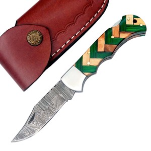 Cuchillo Plegable de Acero de Damasco con Mango de Madera de Olivo y Pakka, con Funda, para Bolsillo, EDC, Caza, Camping, Cuchillo Personalizado OEM - Product Image 1