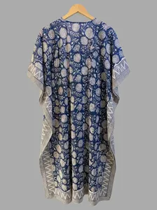 Elegante Vestido Largo Kaftán de Algodón con Estampado Floral Azul para Mujer, Estilo Bohemio, con Cintura Ajustable, Ideal para la Playa - Product Image 2