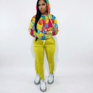 Survêtement à capuche color block pour femme, manches longues, pantalon à cordon, décontracté, pour le printemps, en polyester respirant - Product Image 5