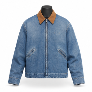 Veste en jean vintage pour homme, fermeture éclair, col en velours côtelé contrastant, style streetwear décontracté, fabricant OEM ODM - Product Image 1