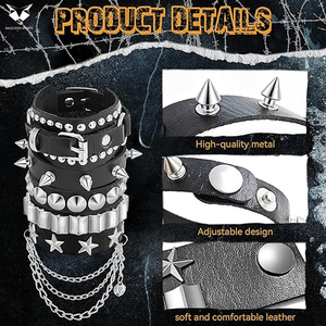 Good Seller Adjustable Black PU Leather <b>Bracelet</b> <b>Set</b> With Metal Star Chain Rivet Stud Design Unisex Fashion Wrist Accessories - Product Image 5