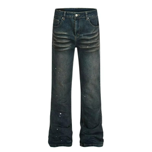 Jeans décontractés pour hommes et femmes, style vintage, effet vieilli, effet éclaboussures d'encre, élastiques, coupe slim, évasés - Product Image 1