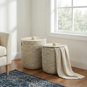 Juego de 2 cestas de hierba tejida resistentes con tapas, cestas de almacenamiento hechas a mano, venta al por mayor, ecológicas, hechas en Vietnam - Product Image 3