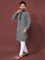 Ensemble Kurta pour homme, imprimé noir et blanc, col mandarin, longueur genou, coupe classique, vêtements ethniques