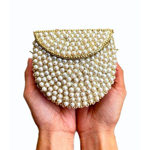 Fashion Pearl Beaded <b>Mini</b> Clutch Handbag Gold Plated Zip Closure Single Strap Polyester Lining Water Resistant Custom Logo Party - Product Image 3