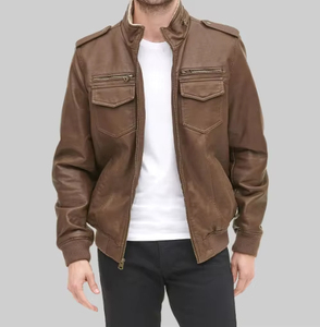 Brown Genuine <b>Leather</b> Men's Zip-Up Bomber <b>Jacket</b> Solid <b>Winter</b> Stand Collar Front Logo Casual Outerwear for Daily Wear - Product Image 1