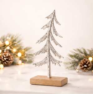Nordic Style Hammered Aluminum Xmas <b>Tree</b> Ornament With Sustainable Wood Base Elegant Silver Holiday Centerpiece For Mantel Table - Product Image 1