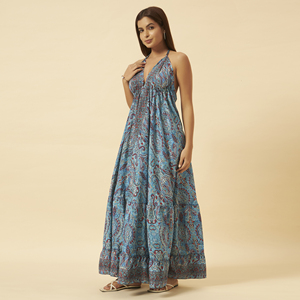 Vestido Maxi Halter Azul con Estampado Paisley para Mujer, Estilo Bohemio, Corte Regular, Verano, Playa, Resort, Sin Mangas, Chifón, Corte Imperio, Transpirable, Casual - Product Image 3