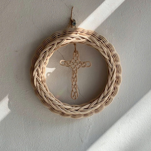 Couronne ronde en rotin naturel avec verdure et ruban rose, faite à la main, personnalisée, élégante, 15 cm, décorations de Noël - Product Image 4