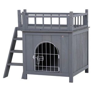 2-Level Grey Wooden Cat House with Lockable Wire Door Pet Furniture - Product Image 3