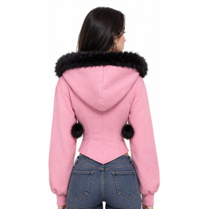 Veste à capuche rose pour femme avec fermeture éclair, col en fausse fourrure et pompons, style personnalisé, vêtements d'hiver - Product Image 3