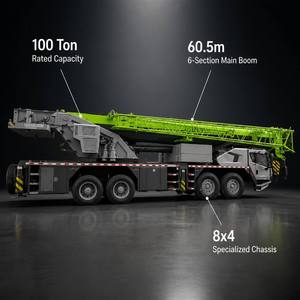 Grue de camion d'occasion 100 tonnes, flèche 60,5 m, hauteur 88,4 m, transmission 8x4, capacité de montée 49%, vitesse 89 km/h, à vendre - Product Image 4