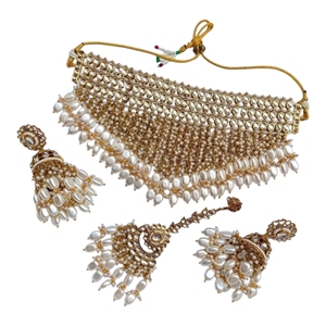 Parure de bijoux indiens en acier inoxydable plaqué or antique avec collier ras-du-cou et boucles d'oreilles Jhumka ornées de pierres de zircon pour femme, idéale pour les mariages et la mode. - Product Image 1