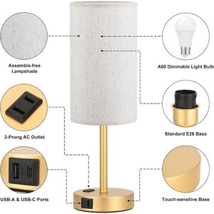 Lampada da Tavolo Dimmerabile a 3 Modalità con USB A+C, Presa di Ricarica AC, Base in Metallo Dorato da 17,4 Pollici - Product Image 4