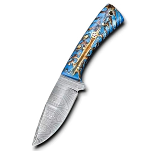 มีดเหล็กดามัสกัสตีขึ้นรูปด้วยมือ ใบมีดแบบดรอปพอยต์ สำหรับเอาตัวรอด ตั้งแคมป์ ล่าสัตว์ ด้ามจับรูปทรงกรวยสน พร้อมปลอกหนัง ขายส่งราคาดีที่สุด - Product Image 1