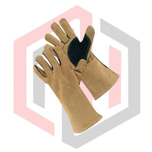 Gant de soudage en cuir beige avec renfort de paume vert pour doublure cousue, résistant aux déchirures, à l'usure et isolant thermiquement - Product Image 4