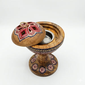 Chalice <b>Wooden</b> Incense Burner Bowl Stand Featuring White Hand Painted Ethnic Patterns Cutout Domed Lid Metal <b>Finial</b> For Decor - Product Image 4