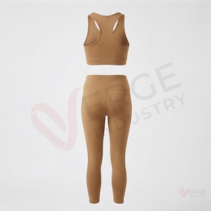 Ensemble de yoga 2 pièces pour femme, marron et blanc, avec haut court asymétrique dos nageur color block et leggings taille haute - Product Image 2