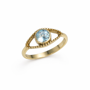 Anillo de latón electrochapado para mujer con topacio azul de 6x6mm, redondo, tamaño fijo, minimalista, con halo, estilo glamuroso y distintivo, hecho a mano. - Product Image 1