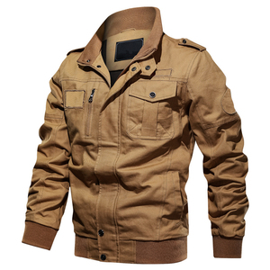 <b>Men's</b> Khaki <b>Canvas</b> Bomber <b>Jacket</b> Turn-down Collar Zipper Closure Multiple Pockets Workwear Style Autumn Wear Regular Fit - Product Image 1