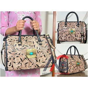 Handmade Cow <b>Leather</b> Large Speedy Duffel Bag with Turquoise Stone Concho Western Design Custom Travel Handbag for Women's - Product Image 1