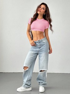 95%Cotton 5% Elastane Pink Crop Tee Women Short Sleeve Fitted Top Lightweight Casual Fashion Shirt Slim Cut Custom women's shirt - Product Image 3