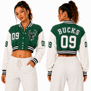 Chaqueta Varsity Corta para Mujer Purple Gold Hornets, Estilo Letterman de Béisbol Y2K, Bordado Personalizado, Venta al por Mayor OEM - Product Image 4