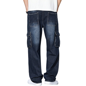 Pantalones Cargo de Mezclilla Azul Oscuro para Hombre, Corte Recto Relajado, Transpirables, con Múltiples Bolsillos, Estilo Casual, Lavado, para Uso Diario - Product Image 2