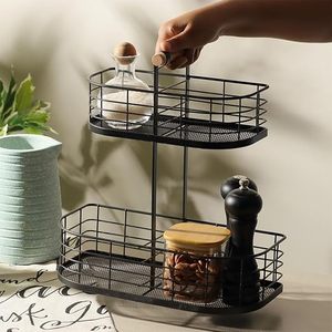 Estante de Almacenamiento Metálico de Dos Niveles con Asa para Organización de Especias de Cocina, Diseño Minimalista, Tipo Vertical, Forma Rectangular - Product Image 6