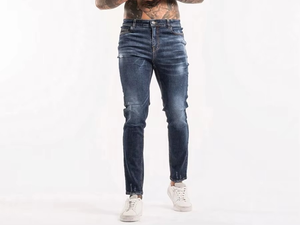 Jean en denim bleu pour homme, taille mi-haute, coupe droite, délavé, patchwork, effet usé, déchiré, extensible, adouci, écologique, vente en gros - Product Image 3