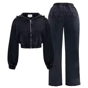 OEM Custom <b>Women</b> Vintage Two Piece Pants Set Cropped Zip Hoodie and Flare Pants Acid Wash Cotton <b>Jacket</b> Skinny Pants Tracksuits - Product Image 2