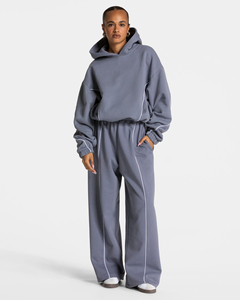 Women’s Ice Grey Oversized Contrast Piping Hoodie Casual Pullover Fleece Hooded Soft & Breathable 100% Cotton Sweatshirt - Product Image 5