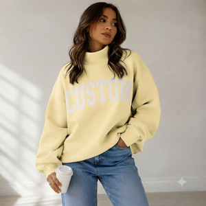 Sweat-shirt oversize pour femme à col montant, imprimé lettres jaunes, en coton tricoté, style automne, manches classiques, design col roulé - Product Image 1