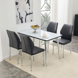 Set da Pranzo con Tavolo in Vetro Effetto Marmo Bianco e Base in MDF, Gambe Affusolate in Metallo Argento, 4 Sedie Abbinate - Product Image 1