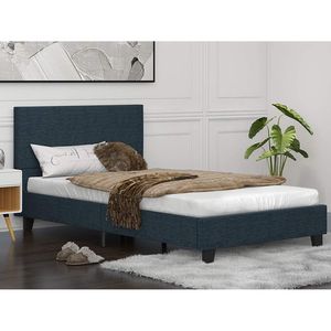 Letto matrimoniale imbottito in lino blu con testiera illuminata, doghe in legno, struttura in metallo, base per materasso inclusa - Product Image 1